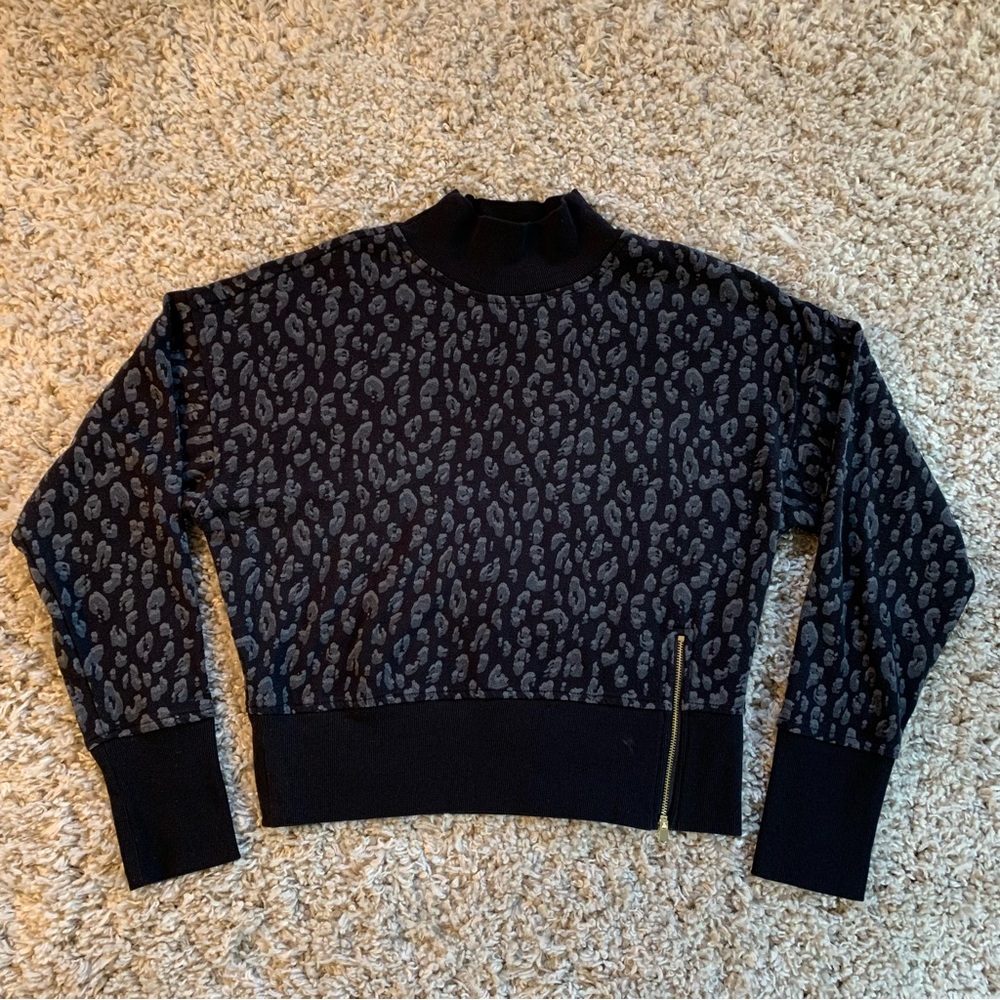 Black and Grey Leopard Print Sweatshirt With Gold Zipper Detail Size Small